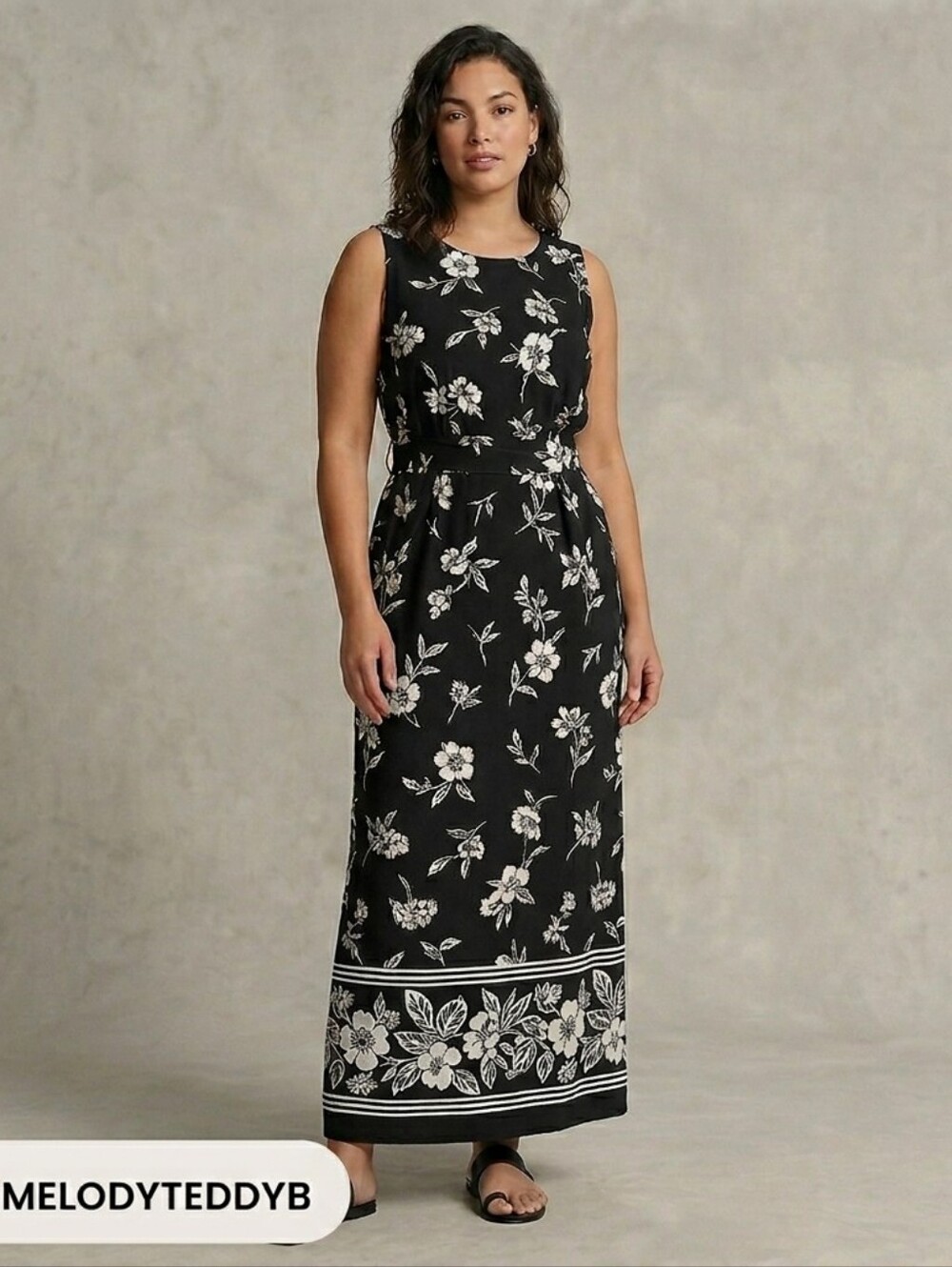Kathie Lee Floral Maxi Dress Size L Tie Back Border Print Whimsigoth VTG 90's